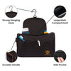 Black colored, waterproof, hanging toiletry bag with inner and outer pockets.