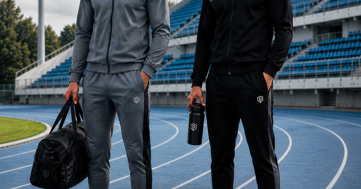 Dominance Performance Tracksuit worn by two men in Black and Charcoal — mens tracksuit set Pakistan