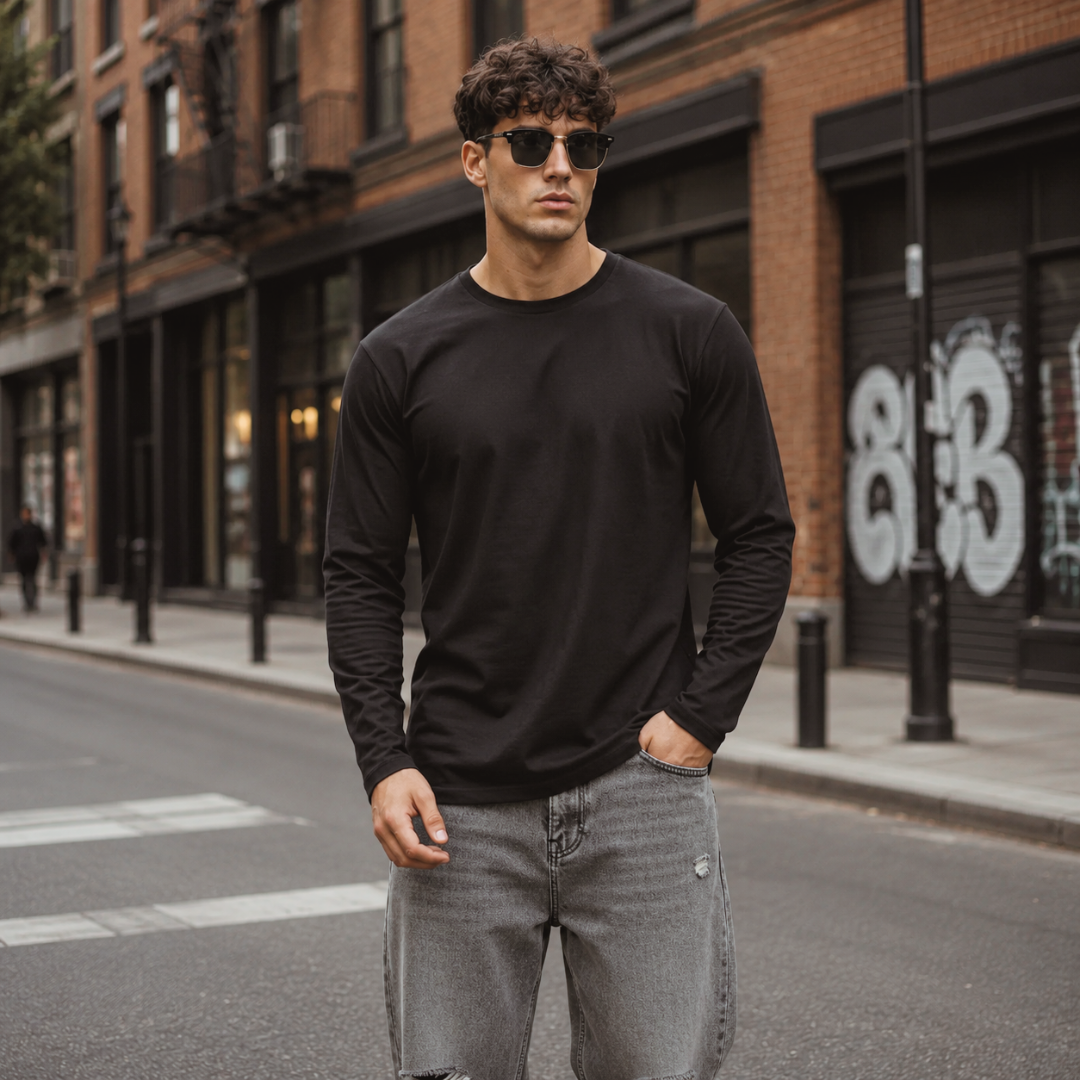 Full Sleeves Plan T-Shirt - Black