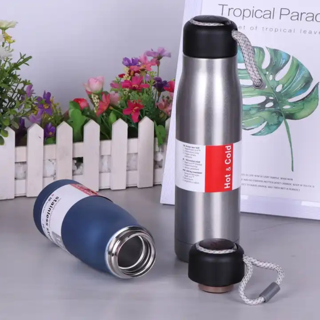 Double Wall Stainless Steel Vacuum Flask/ Water Bottle – 500ml (with Rope Handle)