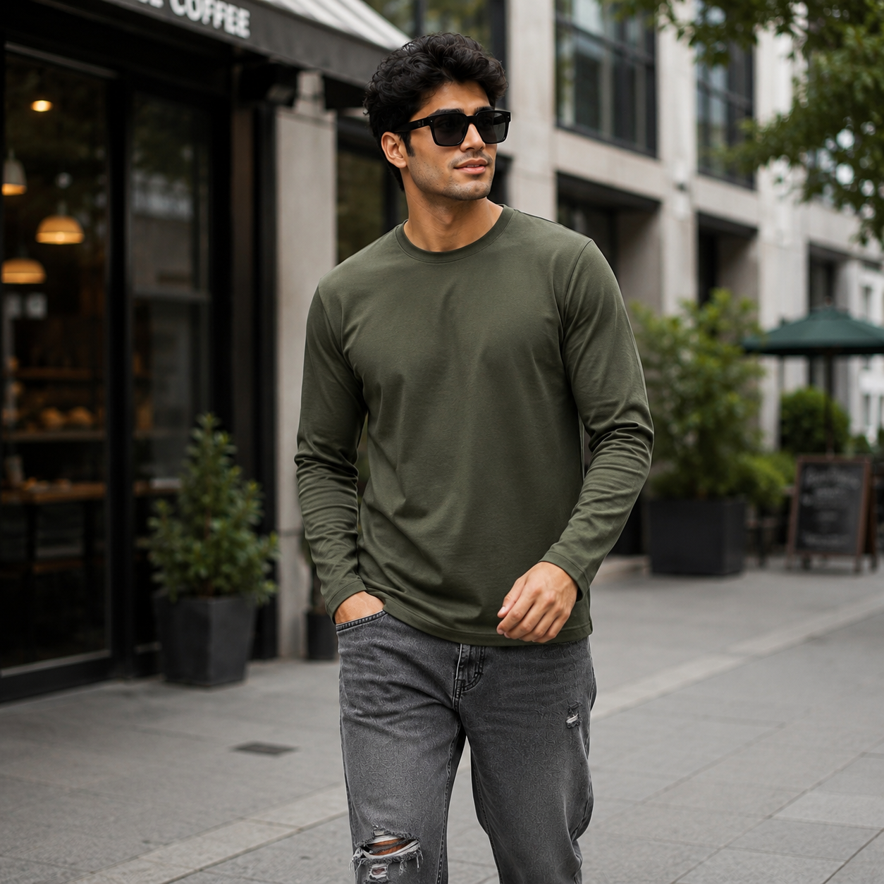 Full Sleeves Plan T-Shirt - Olive Green