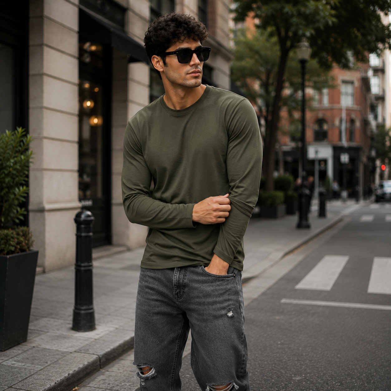 Full Sleeves Plan T-Shirt - Olive Green