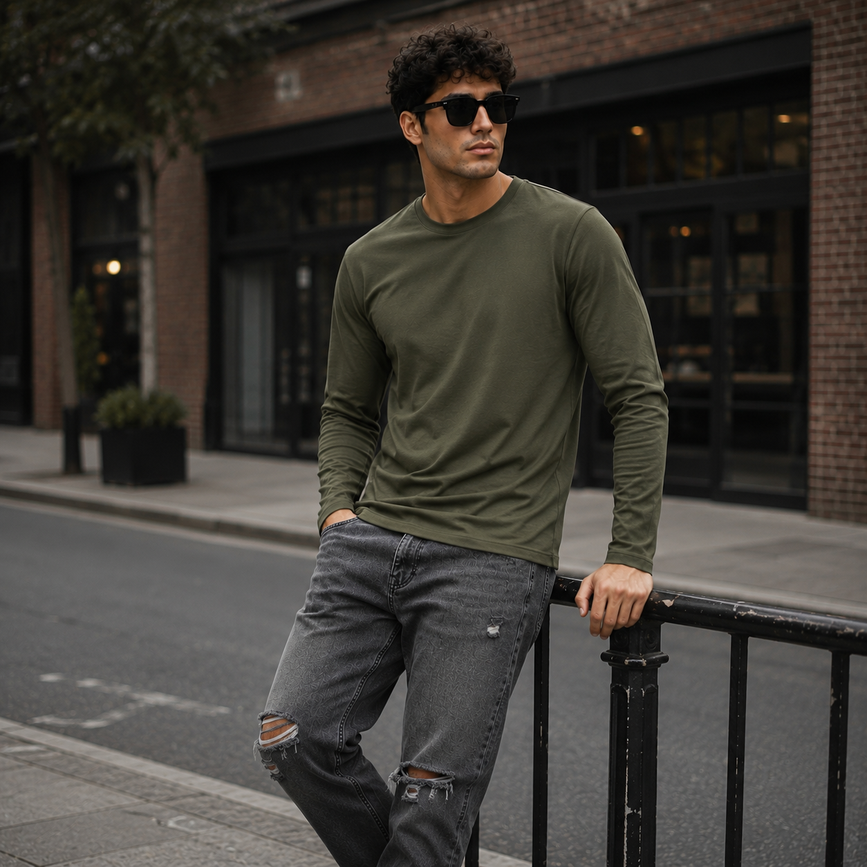 Full Sleeves Plan T-Shirt - Olive Green