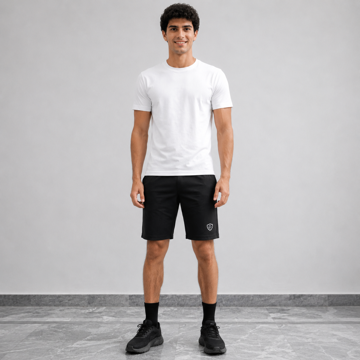 A man modeling a white crew-neck t-shirt and black athletic shorts with a small white shield logo on the left leg, standing against a light gray studio wall.