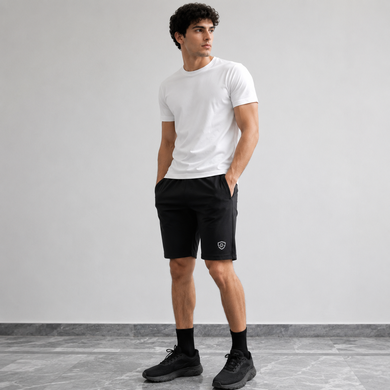 A man modeling a white crew-neck t-shirt and black athletic shorts with a small shield logo on the left leg, paired with black socks and black sneakers, standing against a light gray studio wall.