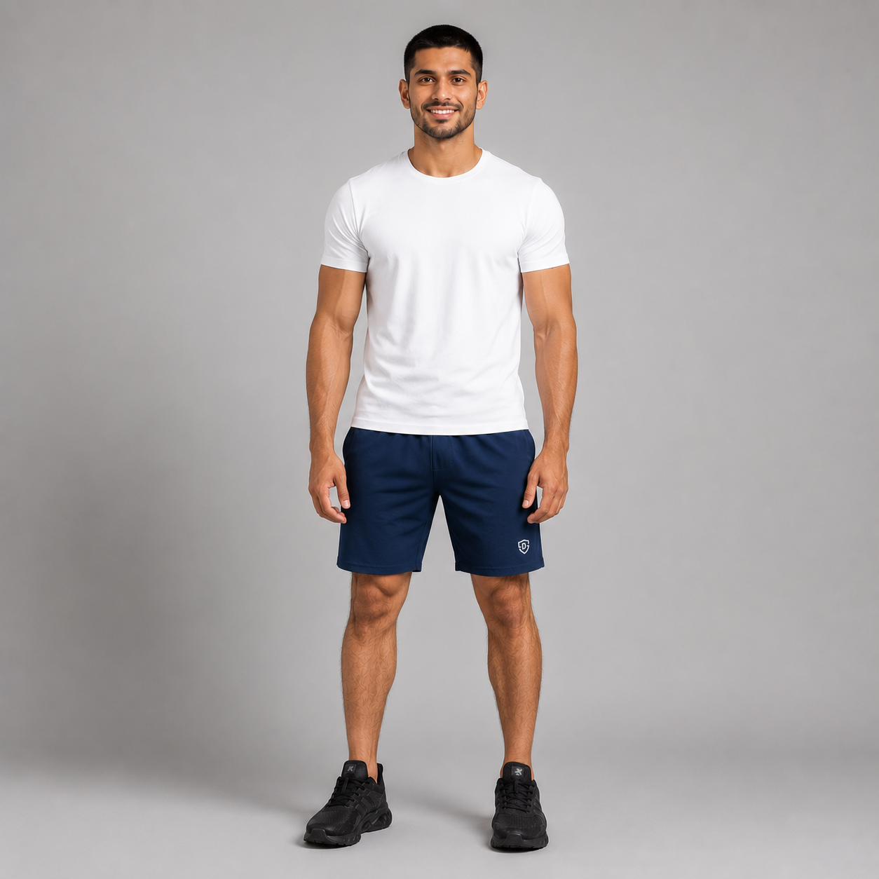 A man wearing a high quality navy blue athletic shorts stretchable material 