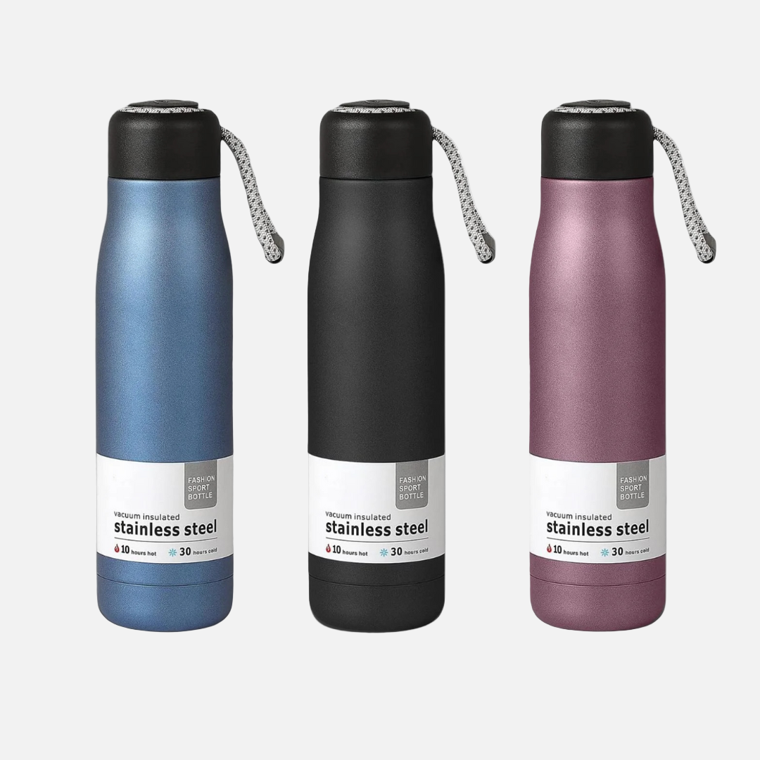 Double Wall Stainless Steel Vacuum Flask/ Water Bottle – 500ml (with Rope Handle)