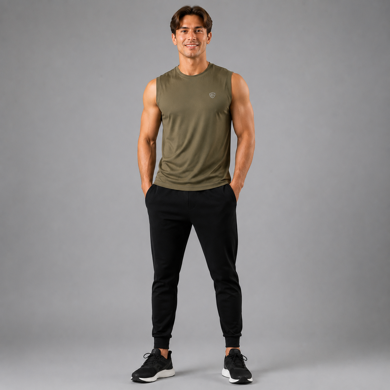 A man modeling a sleeveless athletic tank top in olive green and black jogger pants against a solid gray studio background.