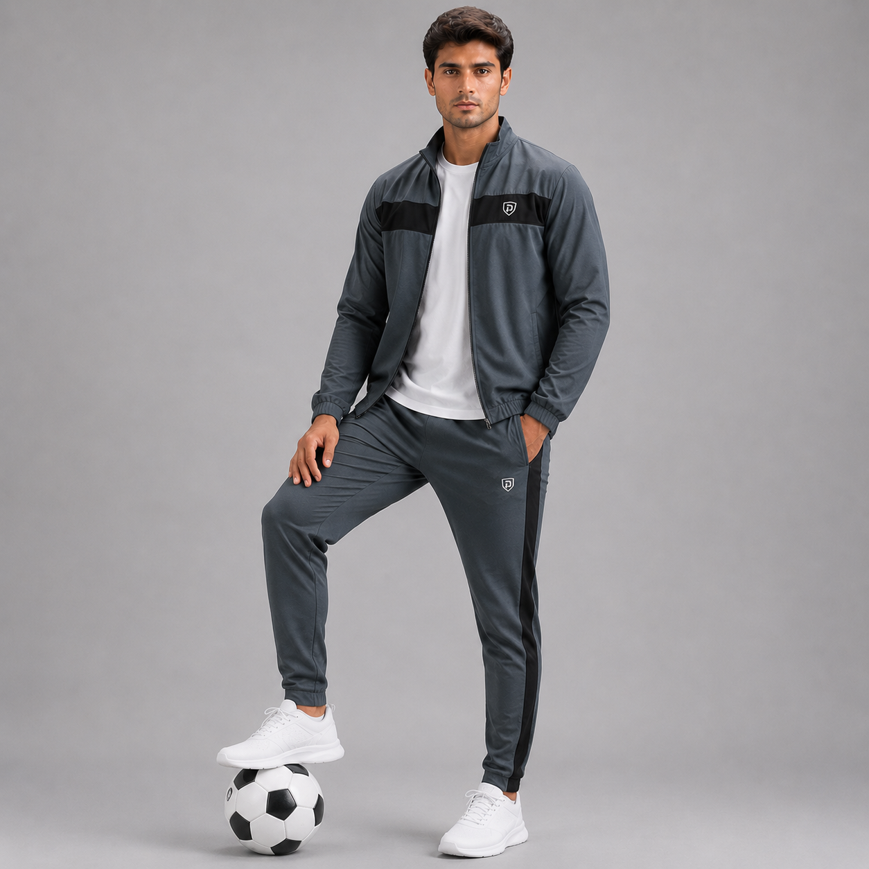 A man modeling a dark gray athletic tracksuit with black stripe details, a white t-shirt, and white sneakers, standing on a soccer ball against a gray studio background.