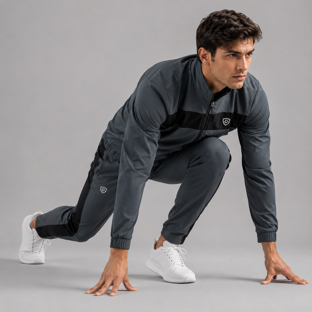 A man in a dark gray athletic tracksuit with a black chest stripe and white sneakers, crouching in a starting position on a gray studio floor.