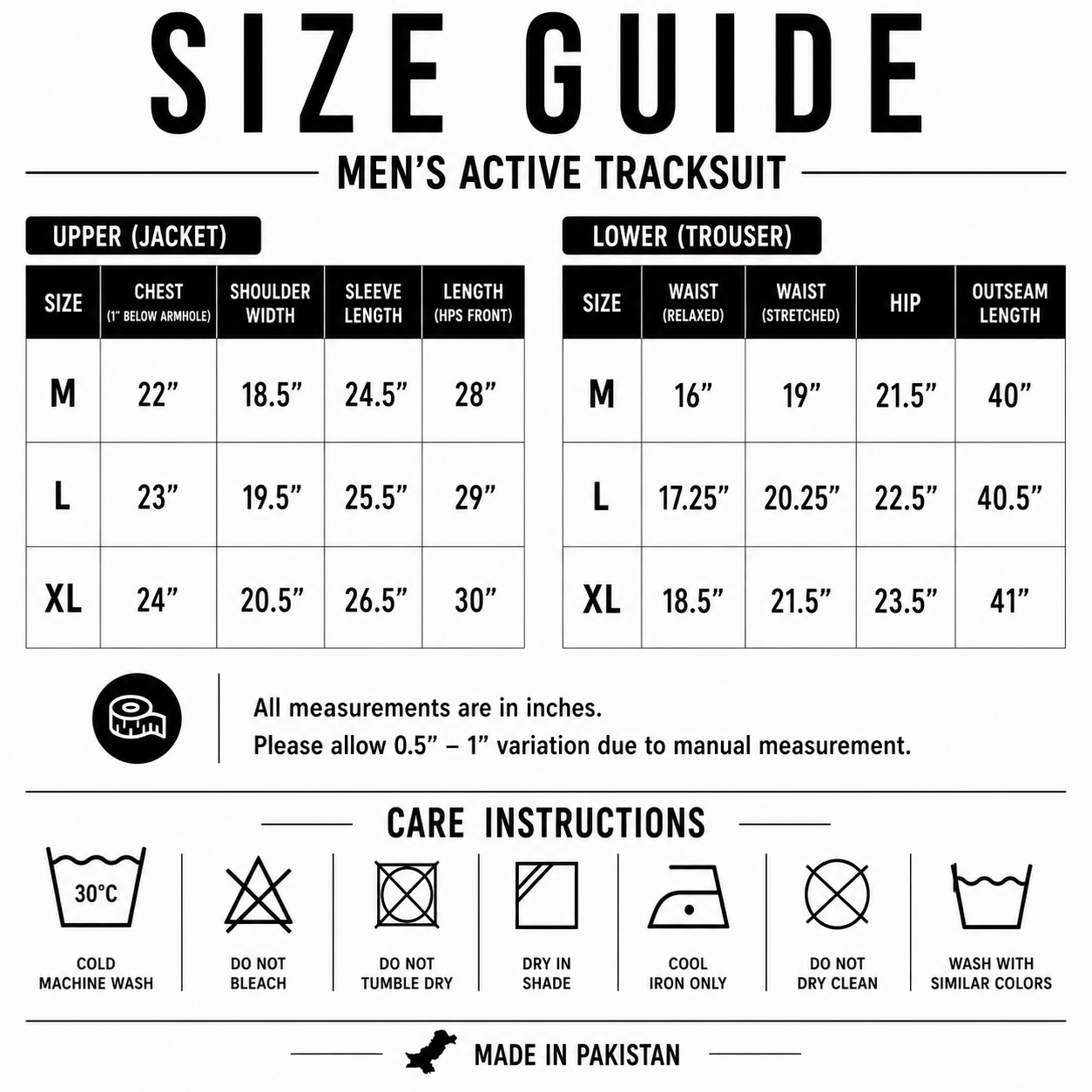 A size guide and care instructions chart for a men's active tracksuit. The chart includes size tables for the upper jacket (M, L, XL) and lower trouser (M, L, XL) with measurements in inches, plus care instruction icons and a 'Made in Pakistan' label at the bottom.