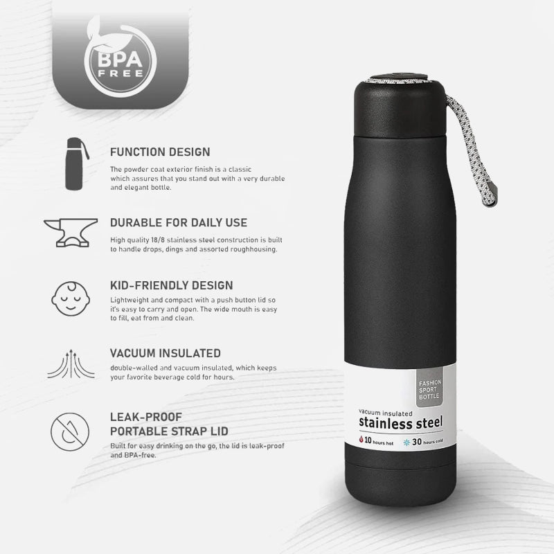 Double Wall Stainless Steel Vacuum Flask/ Water Bottle – 500ml (with Rope Handle)