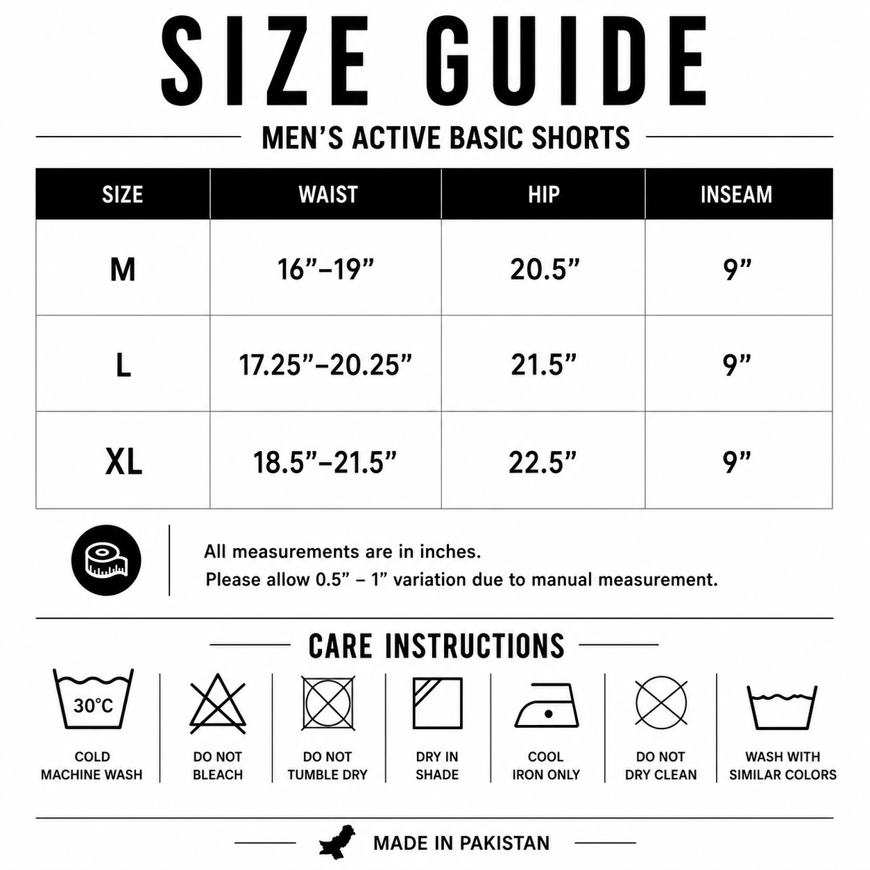 A size guide and care instructions table for men's active basic shorts, showing waist, hip, and inseam measurements for sizes M, L, and XL, plus care symbols and a 'Made in Pakistan' note.