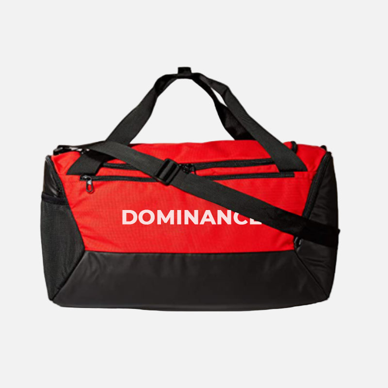 Spacious red and black colored gym bag/duffle bag with extra shoe pocket.