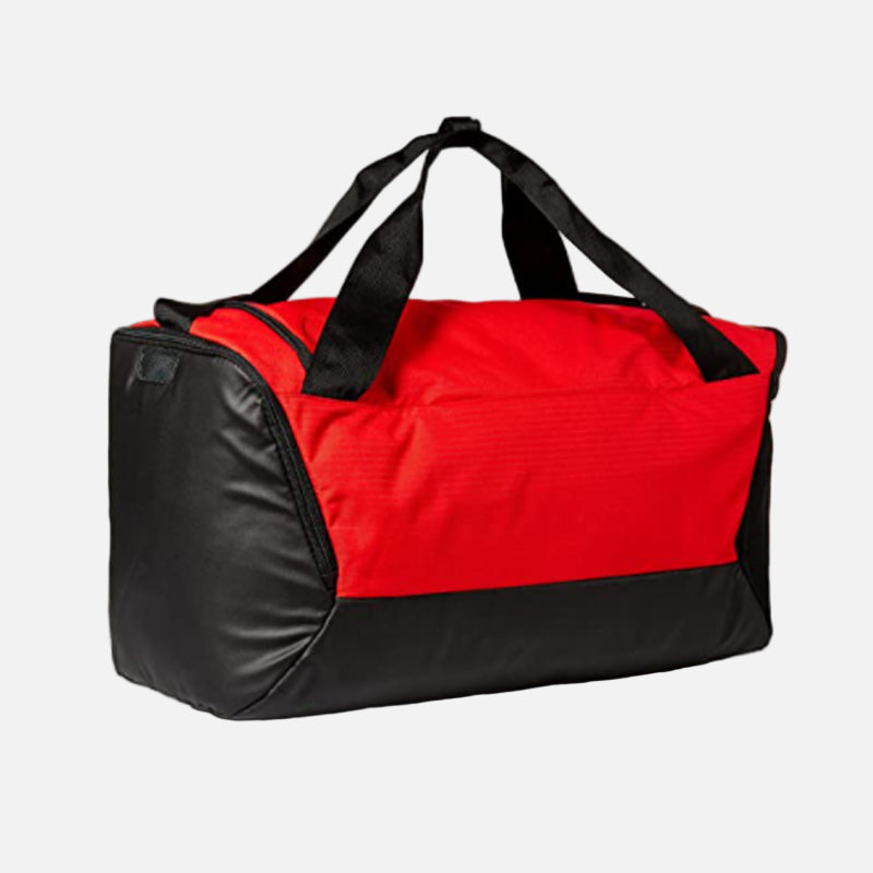Spacious red and black colored gym bag/duffle bag with extra shoe pocket.