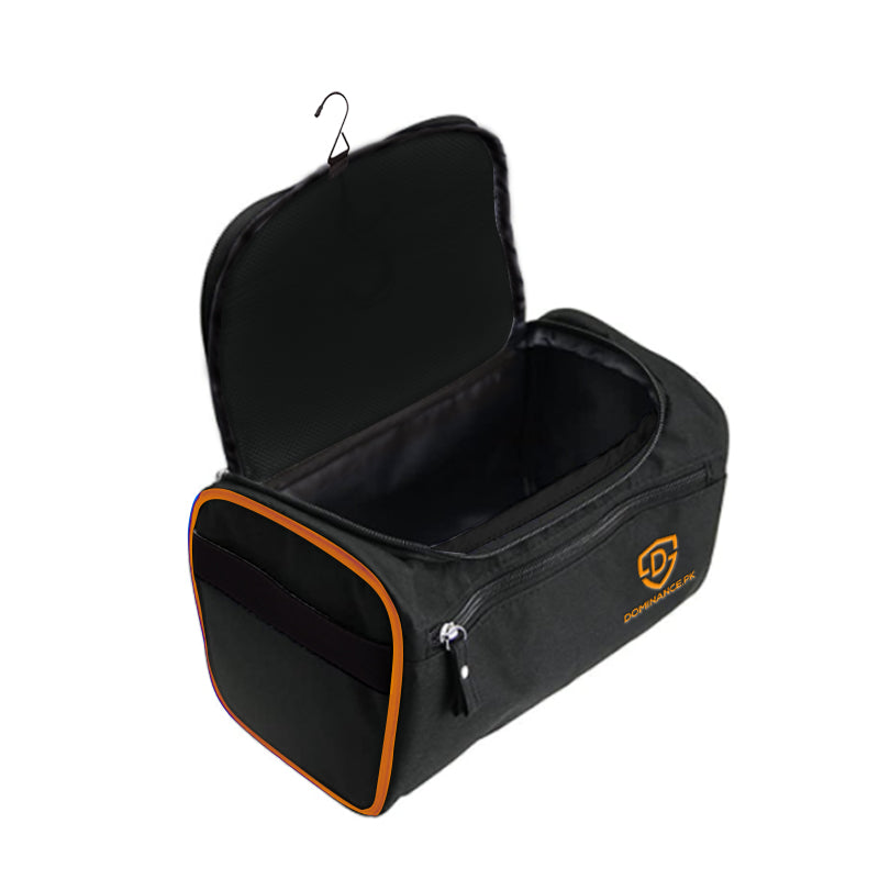 Black colored, waterproof, hanging toiletry bag with inner and outer pockets.