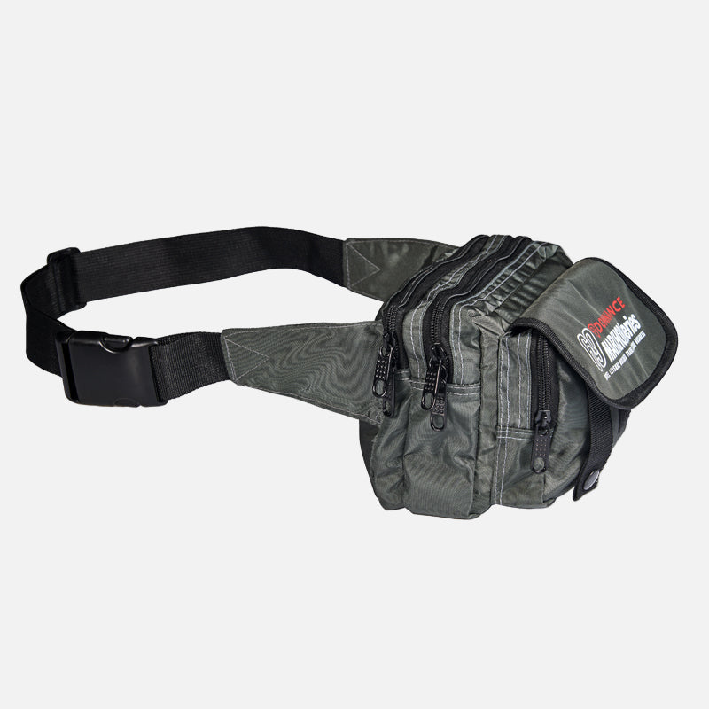 Grey colored, waist bag with external and internal pockets