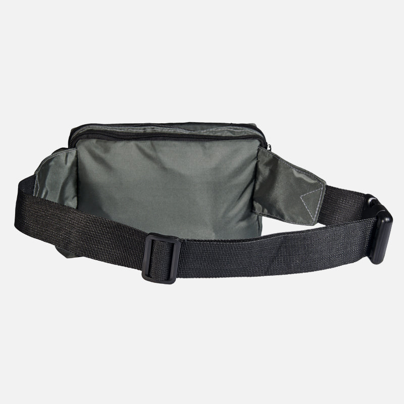Grey colored, waist bag with external and internal pockets