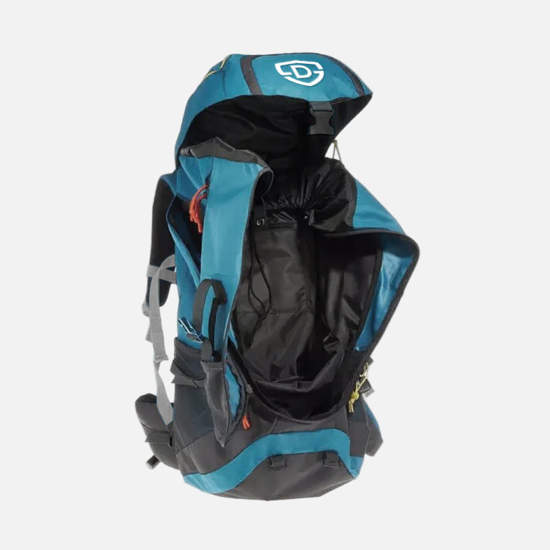 60 L Blue colored, top quality, comfortable backpack. Spacious and stylish. High quality zips and buckles.