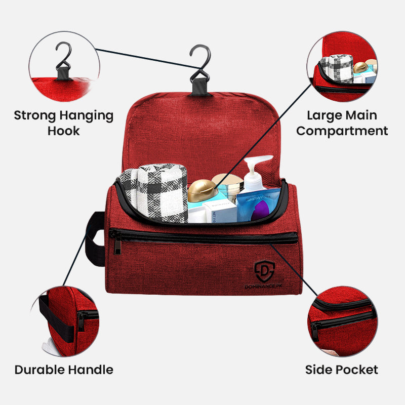 Red/Maroon colored, waterproof, hanging toiletry bag with inner and outer pockets.