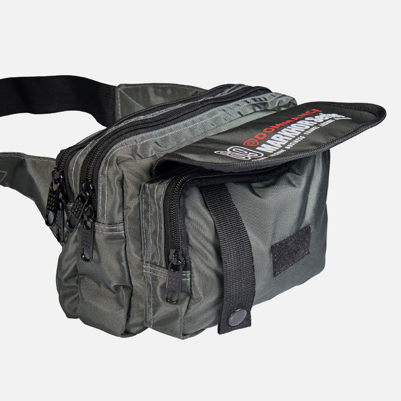Grey colored, waist bag with external and internal pockets
