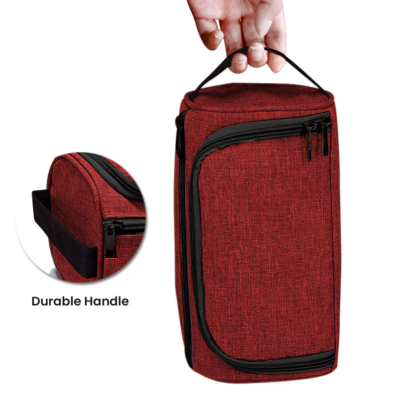 Red/Maroon colored, waterproof, hanging toiletry bag with inner and outer pockets.