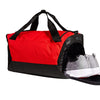 Spacious red and black colored gym bag/duffle bag with extra shoe pocket.