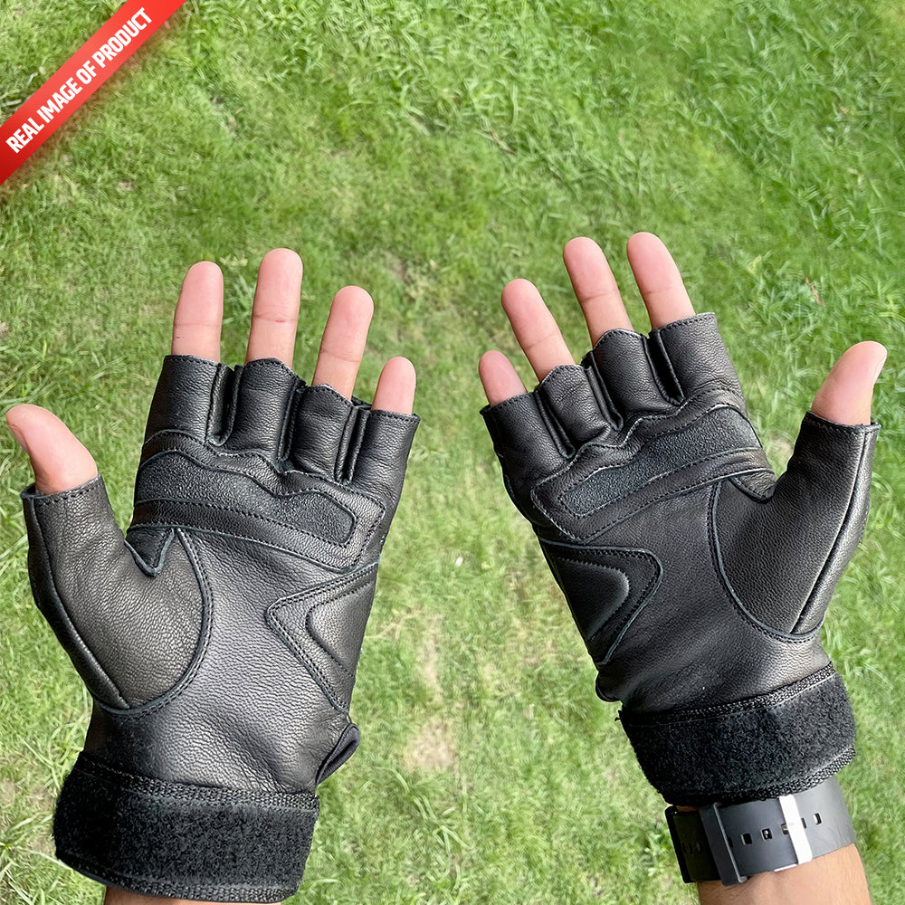 Half Finger leather gloves-(Black)