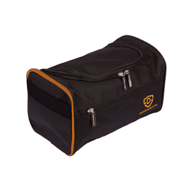 Black colored, waterproof, hanging toiletry bag with inner and outer pockets.