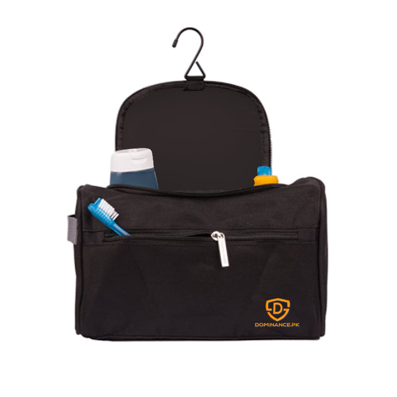 Black colored, waterproof, hanging toiletry bag with inner and outer pockets.