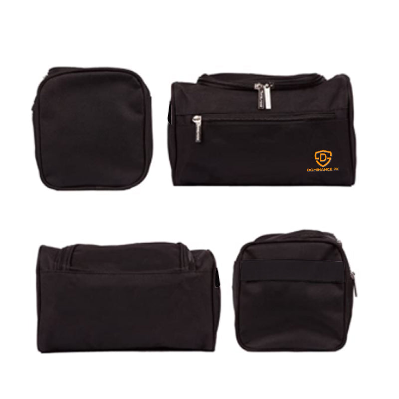 Black colored, waterproof, hanging toiletry bag with inner and outer pockets.