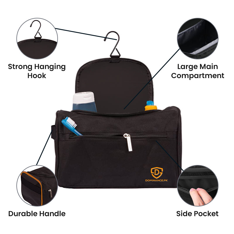 Black colored, waterproof, hanging toiletry bag with inner and outer pockets.