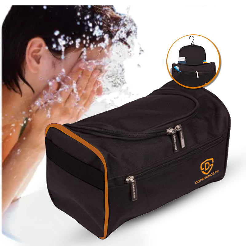 Black colored, waterproof, hanging toiletry bag with inner and outer pockets.