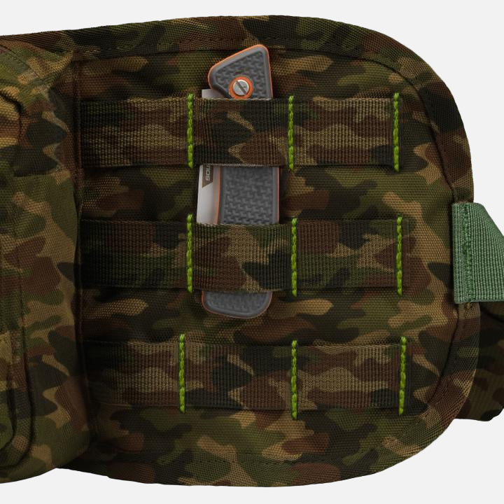 Camouflaged design, 6 pocket waist bag. Spacious and comfortable to wear.