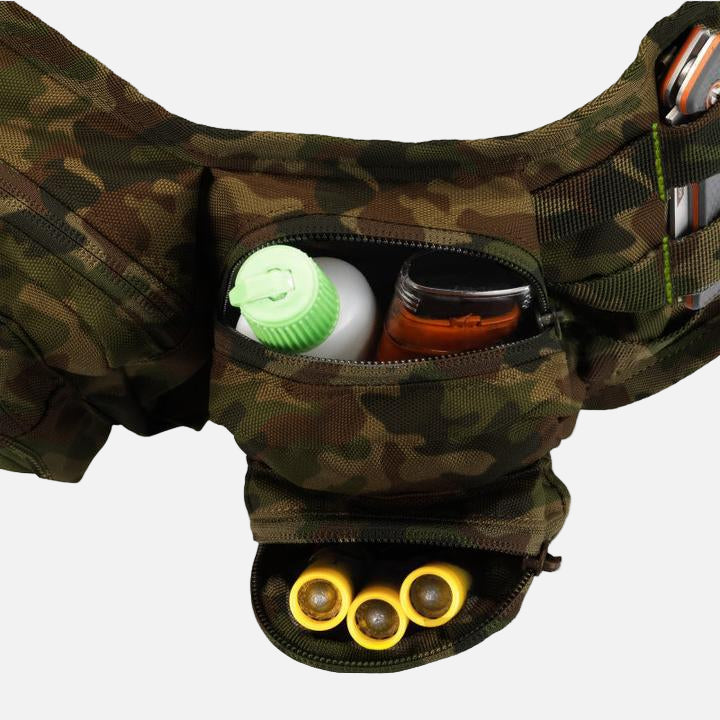 Camouflaged design, 6 pocket waist bag. Spacious and comfortable to wear.