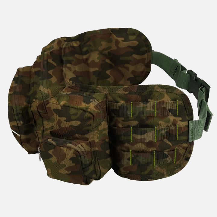 Camouflaged design, 6 pocket waist bag. Spacious and comfortable to wear.