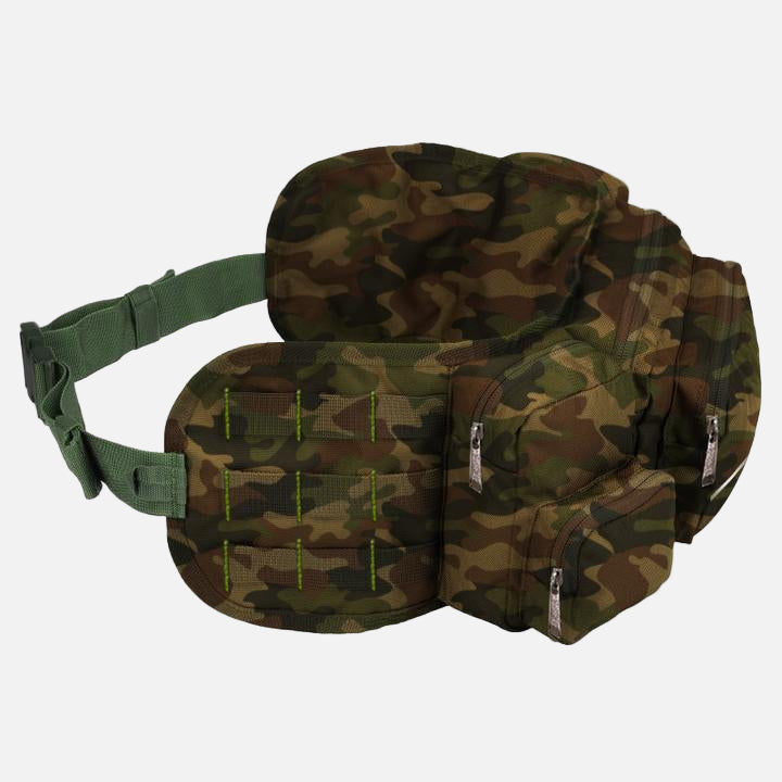 Camouflaged design, 6 pocket waist bag. Spacious and comfortable to wear.