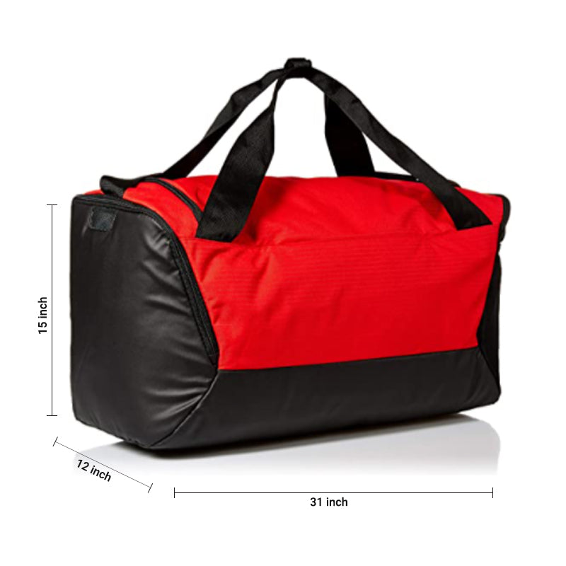 Spacious red and black colored gym bag/duffle bag with extra shoe pocket.