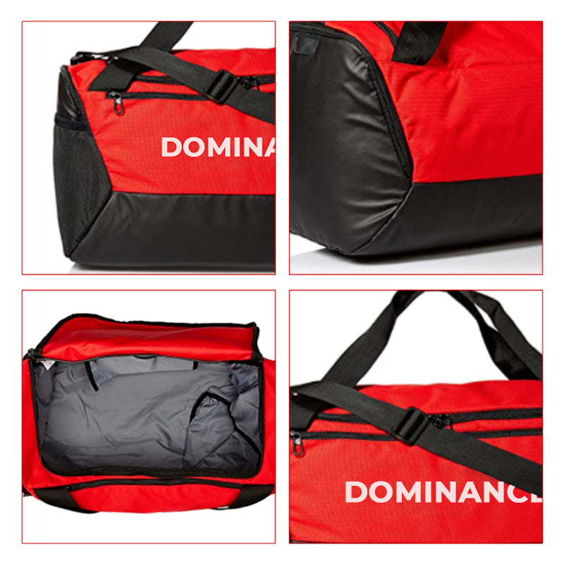 Spacious red and black colored gym bag/duffle bag with extra shoe pocket.