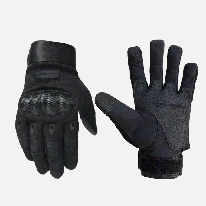 Black biker gloves with touch screen technology.