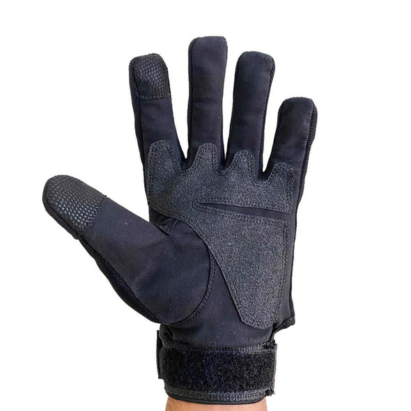 Black biker gloves with touch screen technology.