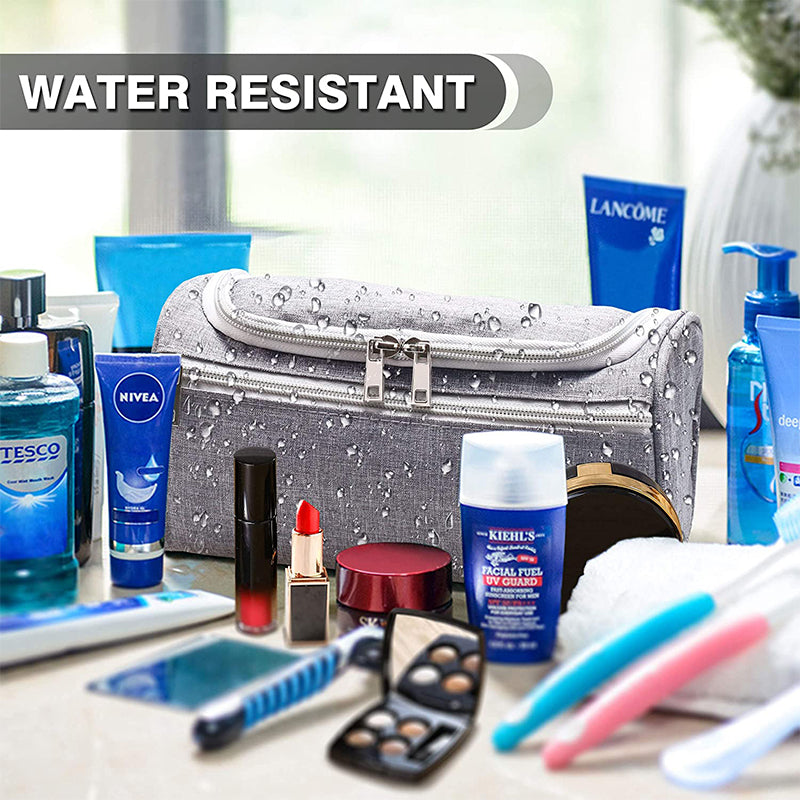 Grey colored, waterproof, hanging toiletry bag with inner and outer pockets..