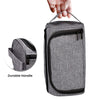 Grey colored, waterproof, hanging toiletry bag with inner and outer pockets..