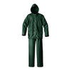 Green colored two piece rain suit with cap