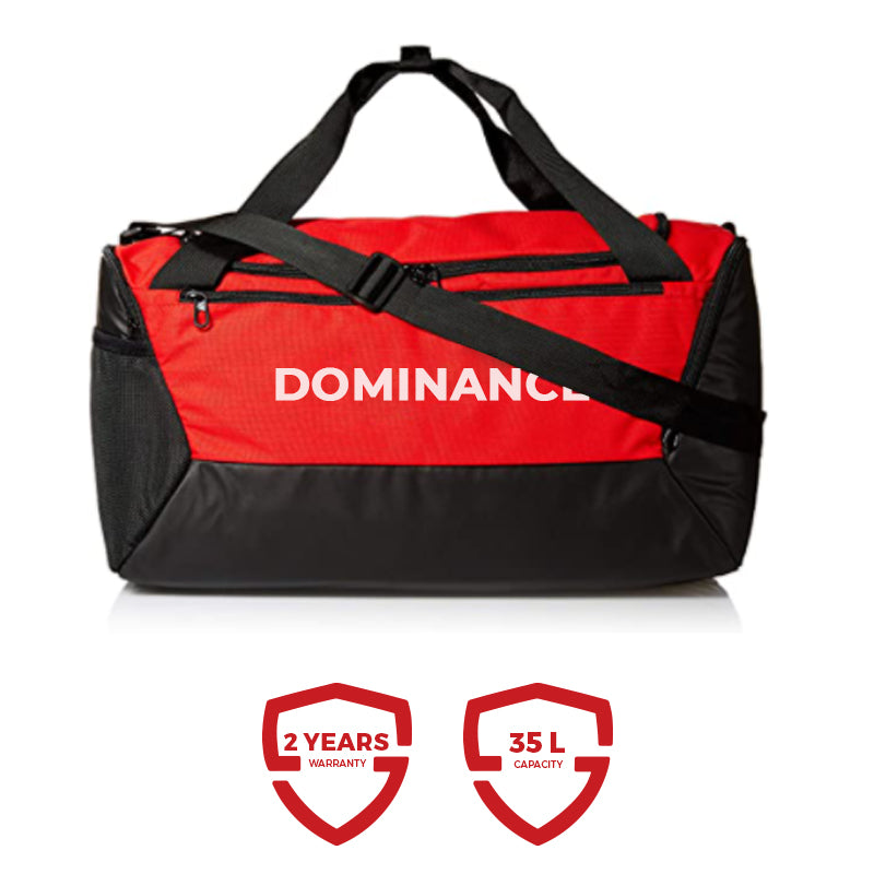 Spacious red and black colored gym bag/duffle bag with extra shoe pocket.c