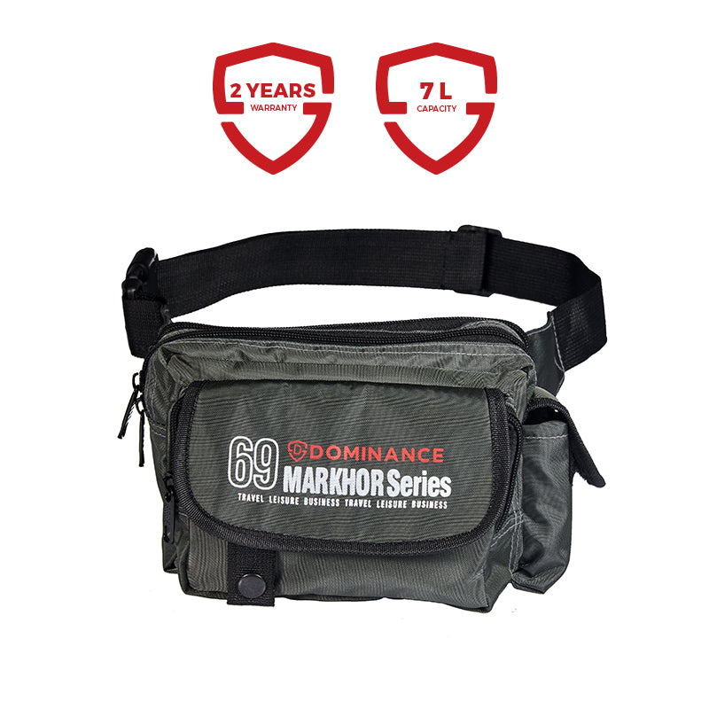 Grey colored, waist bag with external and internal pockets.