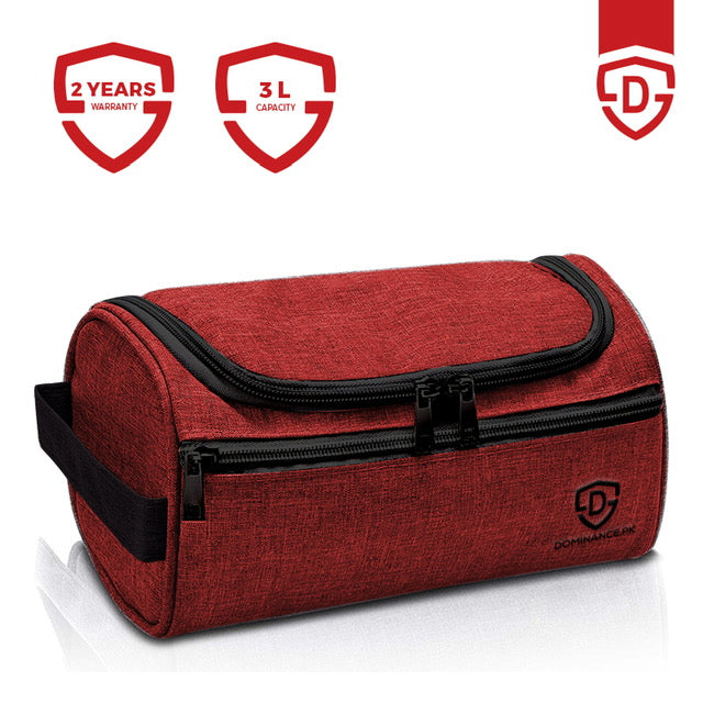 Red/Maroon colored, waterproof, hanging toiletry bag with inner and outer pockets.