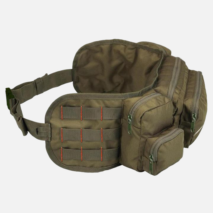 Green colored, 6 pocket waist bag. Spacious and comfortable to wear.