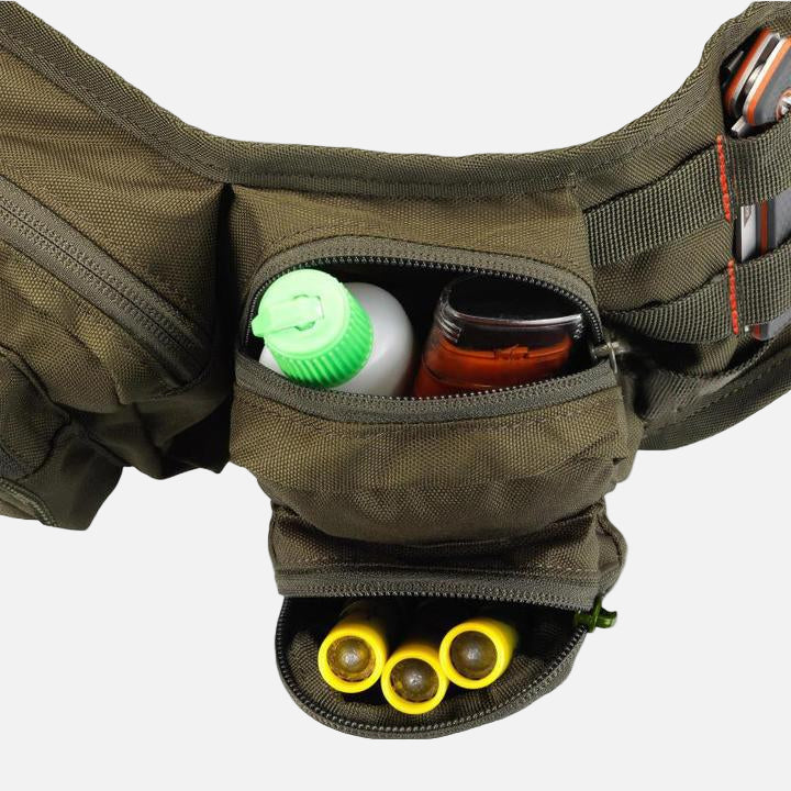 Green colored, 6 pocket waist bag. Spacious and comfortable to wear.